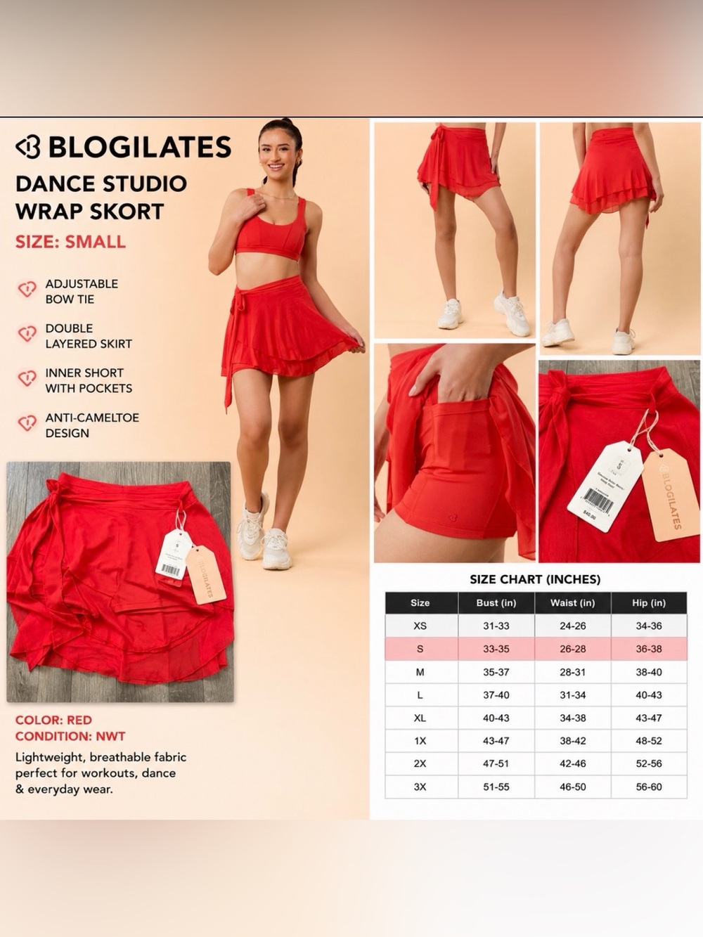BLOGILATES Dance Studio Wrap Skort – Red – Size Small – NWT